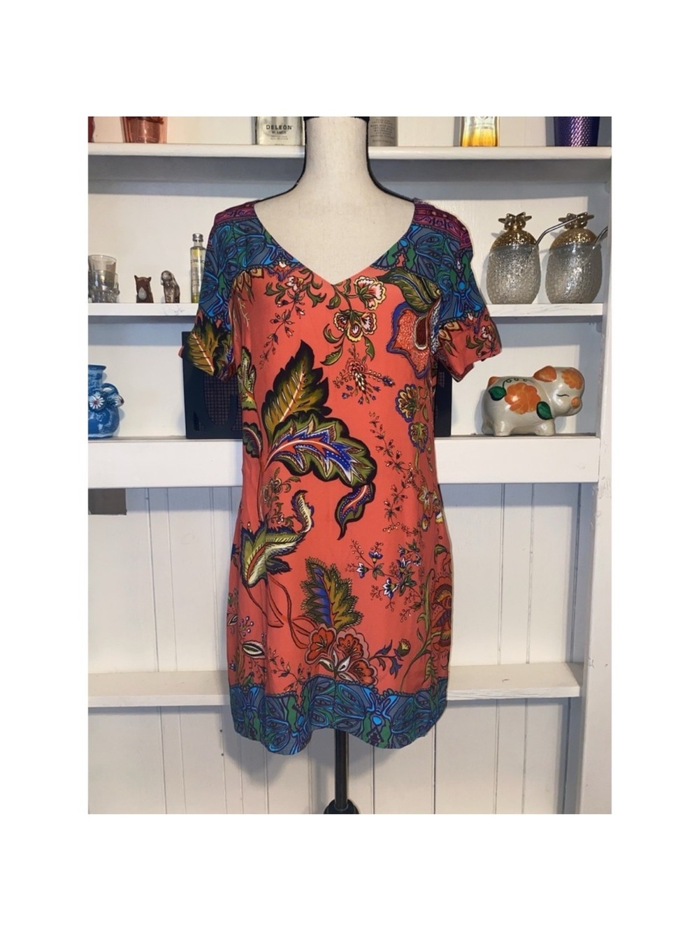 Desigual Coral Floral V-Neck Tunic with Blue & Green Accents